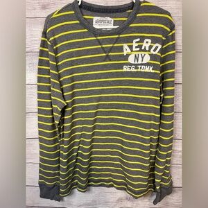 Aeropostale Men’s Long Sleeve Thermal Shirt Gray Yellow Stripe Size XL
